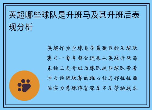 英超哪些球队是升班马及其升班后表现分析